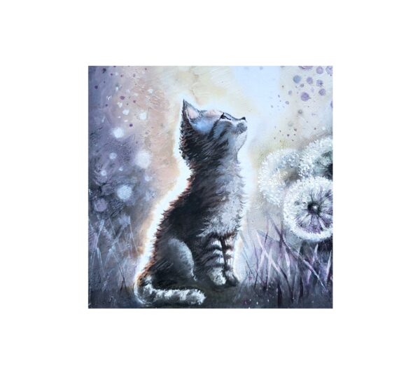 Magnet showing a kitten sitting in a field, looking up at dandelion seeds drifting through soft, glowing light.