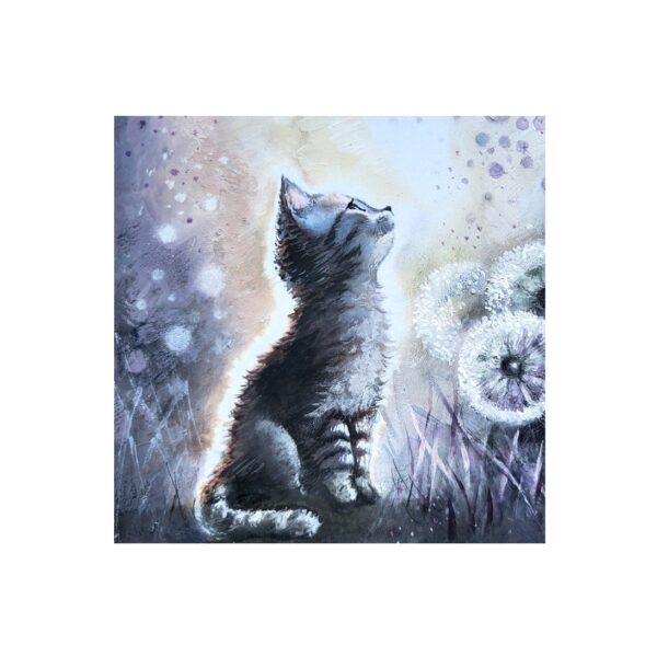 Magnet showing a kitten sitting in a field, looking up at dandelion seeds drifting through soft, glowing light.