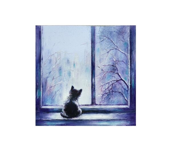 Magnet showing a small dog sitting on a windowsill, looking out at snowy trees and buildings in winter.