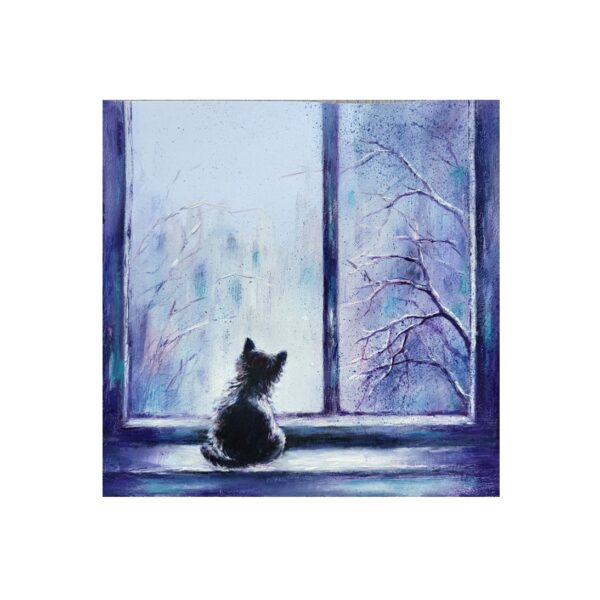 Magnet showing a small dog sitting on a windowsill, looking out at snowy trees and buildings in winter.