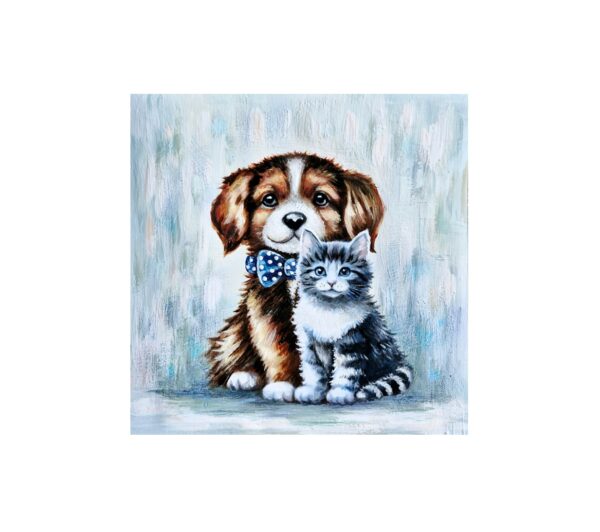 Magnet showing a puppy wearing a blue polka-dot bow tie sitting beside a fluffy grey kitten.