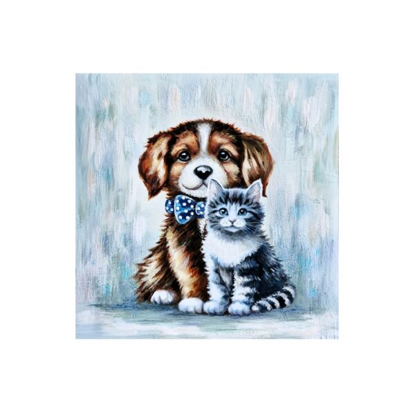 Magnet showing a puppy wearing a blue polka-dot bow tie sitting beside a fluffy grey kitten.