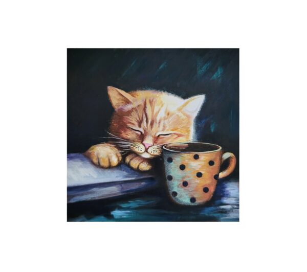 Magnet showing a sleeping ginger cat resting beside a polka-dot mug filled with coffee or tea.