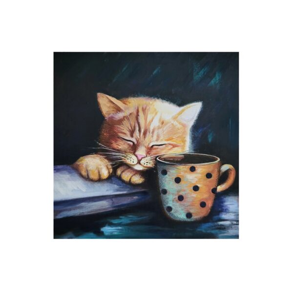 Magnet showing a sleeping ginger cat resting beside a polka-dot mug filled with coffee or tea.