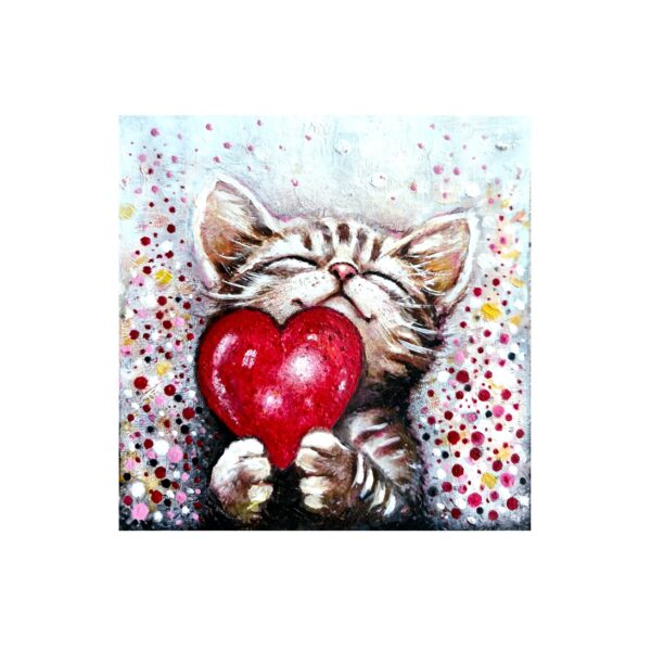 Magnet showing a happy kitten cuddling a big red heart with a colorful dotted background.