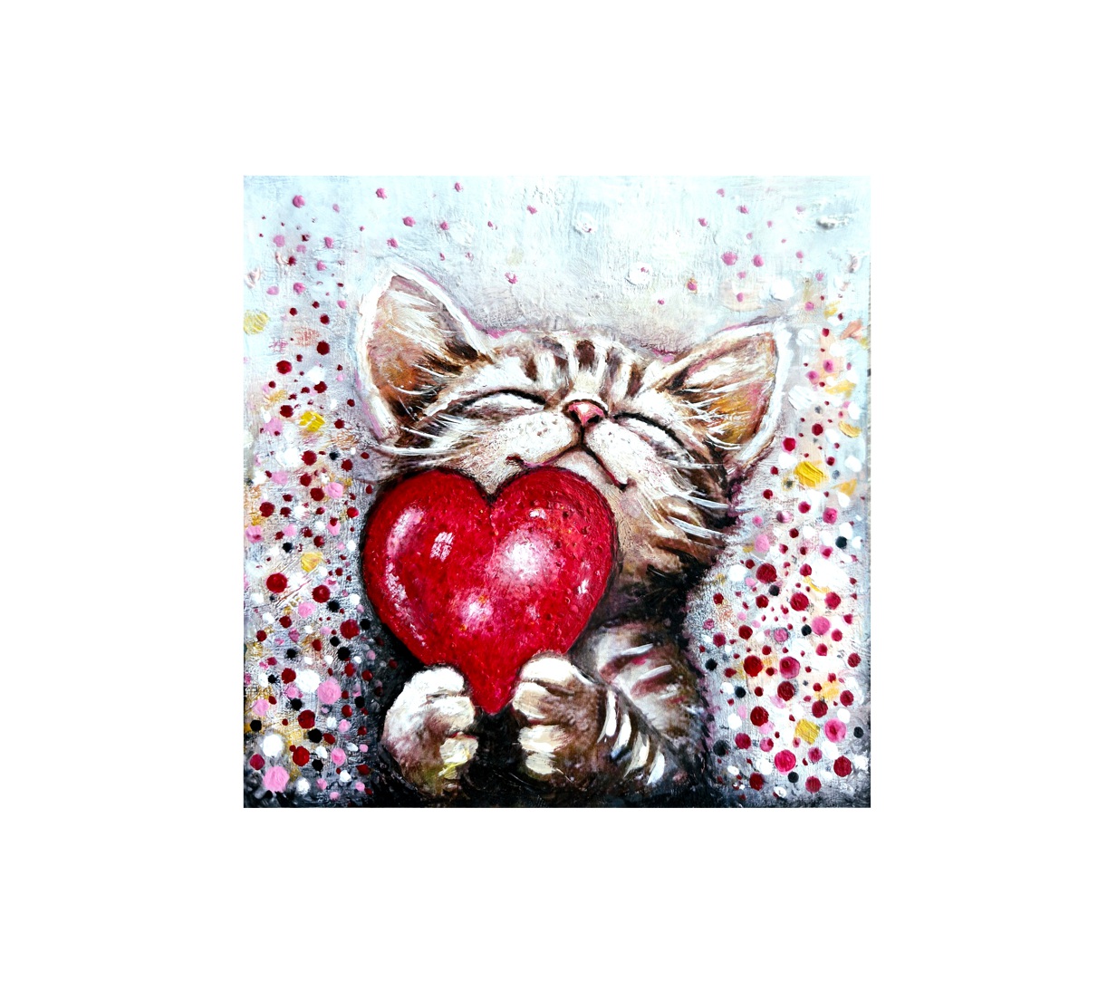 Magnet showing a happy kitten cuddling a big red heart with a colorful dotted background.