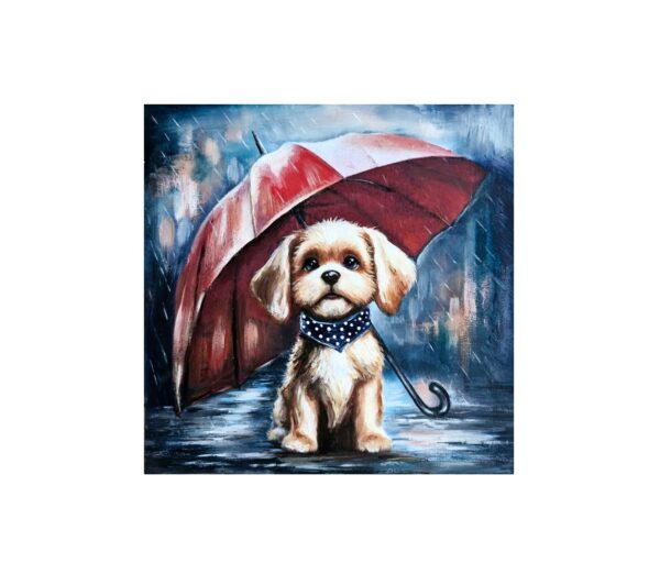 Magnet showing a small puppy with a polka-dot scarf sitting under a red umbrella on a rainy day.