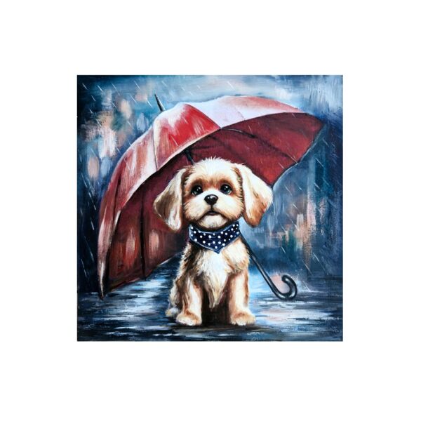Magnet showing a small puppy with a polka-dot scarf sitting under a red umbrella on a rainy day.