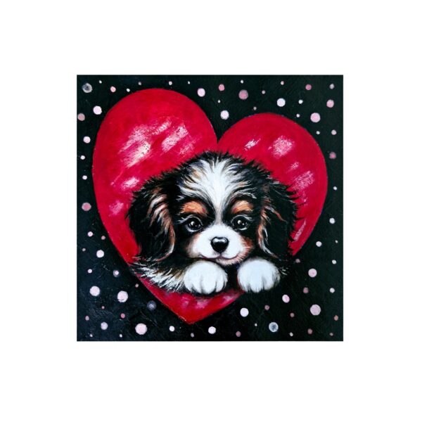 Magnet showing a puppy resting inside a red heart on a black background with pink polka dots.