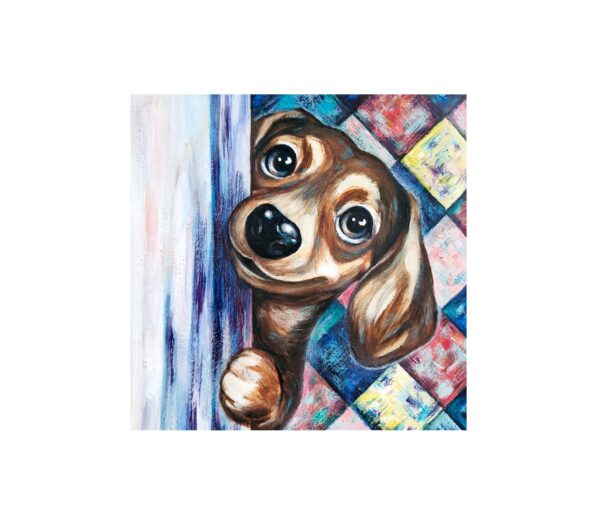 Magnet showing a dachshund dog peeking out with big eyes, set against a colorful patchwork background.