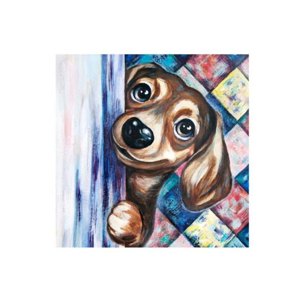 Magnet showing a dachshund dog peeking out with big eyes, set against a colorful patchwork background.