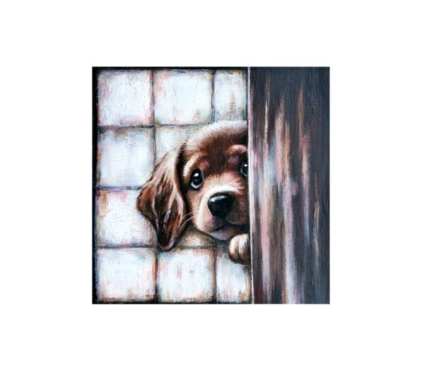 Magnet showing a brown puppy with big eyes peeking from behind a wooden door against a tiled background.