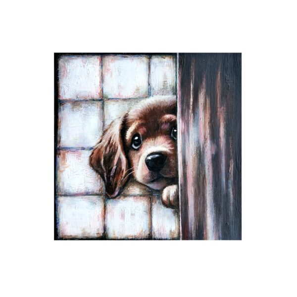 Magnet showing a brown puppy with big eyes peeking from behind a wooden door against a tiled background.