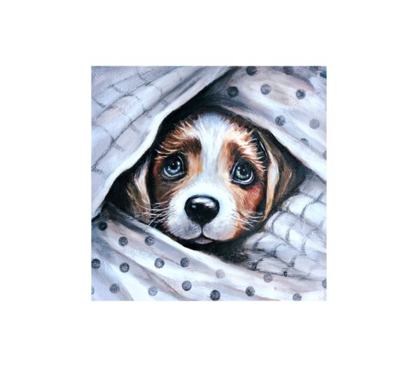 Magnet showing a puppy with big eyes snuggled under a white blanket with grey polka dots.