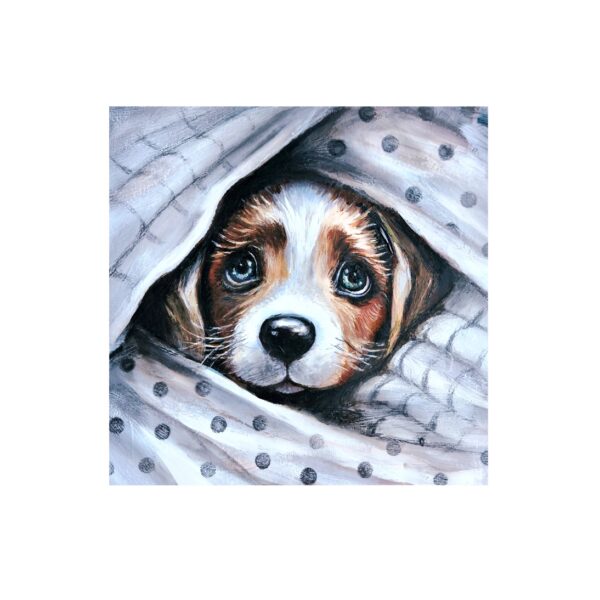 Magnet showing a puppy with big eyes snuggled under a white blanket with grey polka dots.