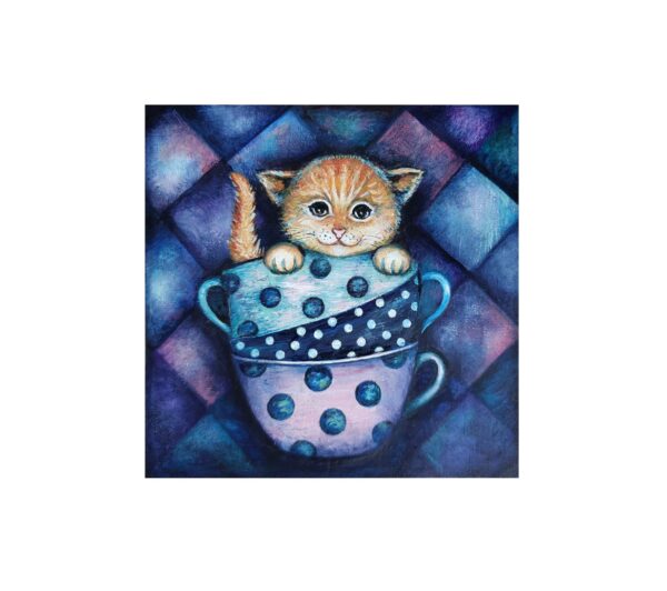 Magnet showing a ginger kitten peeking out from inside stacked polka-dot teacups with a colorful background.