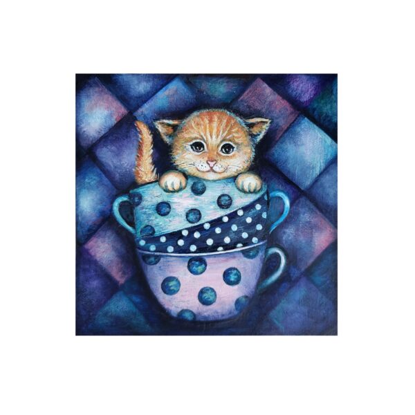 Magnet showing a ginger kitten peeking out from inside stacked polka-dot teacups with a colorful background.