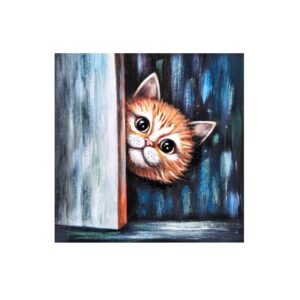 Magnet showing a ginger kitten with big eyes playfully peeking out from behind a door.