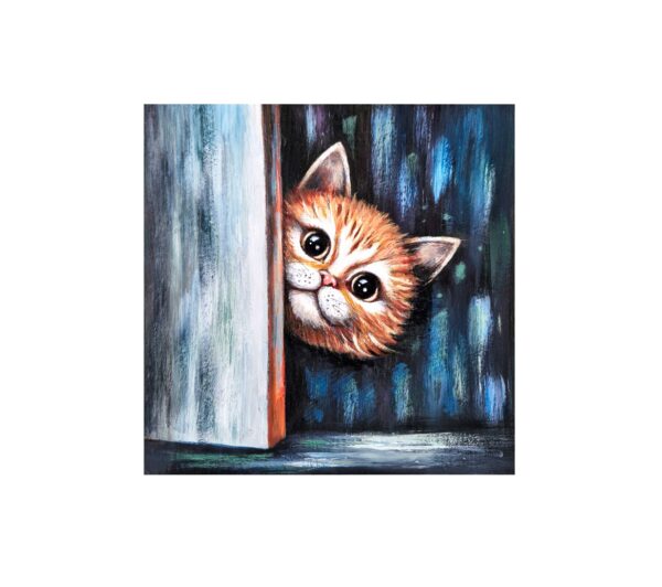 Magnet showing a ginger kitten with big eyes playfully peeking out from behind a door.