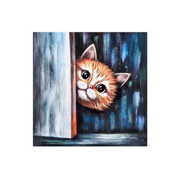 Magnet showing a ginger kitten with big eyes playfully peeking out from behind a door.