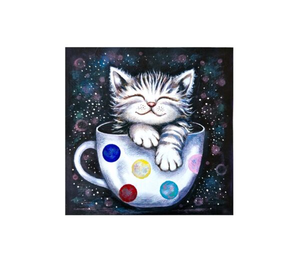 Magnet showing a smiling kitten with closed eyes sitting inside a white polka-dot cup against a starry background.