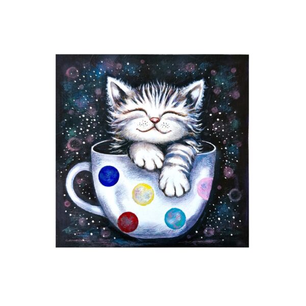 Magnet showing a smiling kitten with closed eyes sitting inside a white polka-dot cup against a starry background.