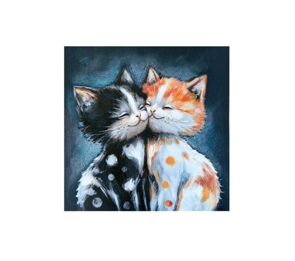 Magnet showing two kittens, one black-and-white and one ginger-and-white, touching noses with eyes closed in a loving pose.