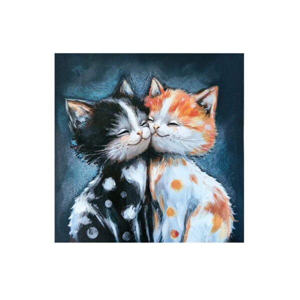 Magnet showing two kittens, one black-and-white and one ginger-and-white, touching noses with eyes closed in a loving pose.
