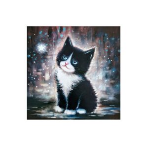 Magnet showing a black-and-white kitten with blue eyes gazing at a shining star in a dreamy background.