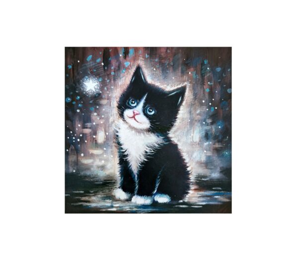 Magnet showing a black-and-white kitten with blue eyes gazing at a shining star in a dreamy background.