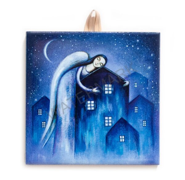 Ceramic tile with an angel embracing houses at night under a crescent moon.