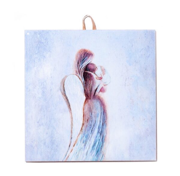 Ceramic tile artwork of an angel gently embracing a child, illustrated in soft pastel tones on a light background with a peaceful, spiritual feel.