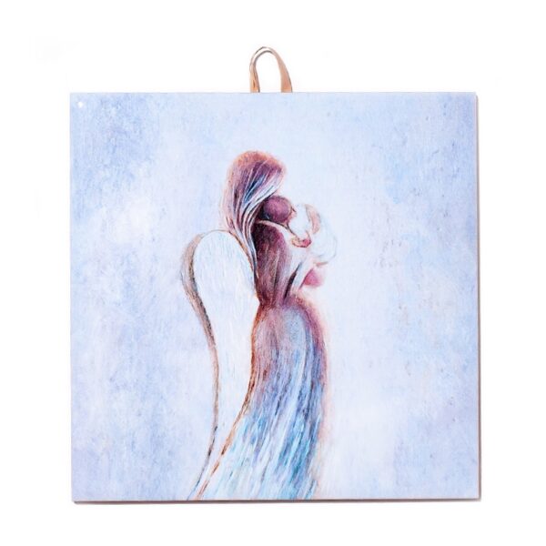 Ceramic tile artwork of an angel gently embracing a child, illustrated in soft pastel tones on a light background with a peaceful, spiritual feel.
