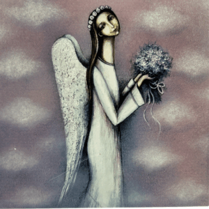 Ceramic tile showing an angel in white with long hair, floral crown, and bouquet of flowers, set against a soft lavender sky background.