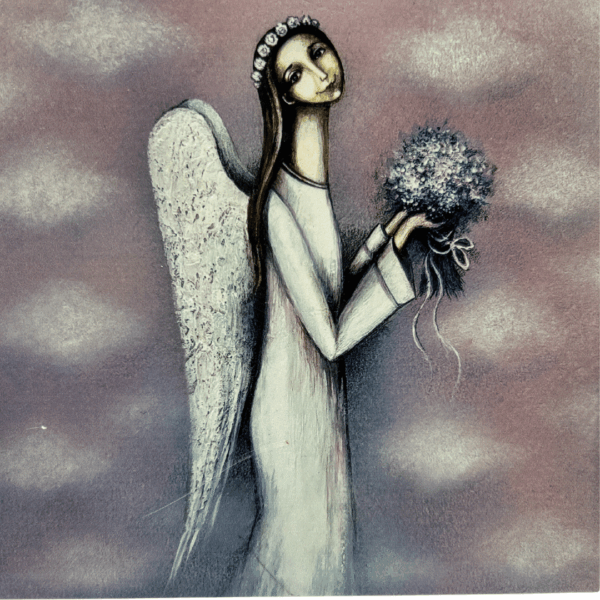 Ceramic tile showing an angel in white with long hair, floral crown, and bouquet of flowers, set against a soft lavender sky background.