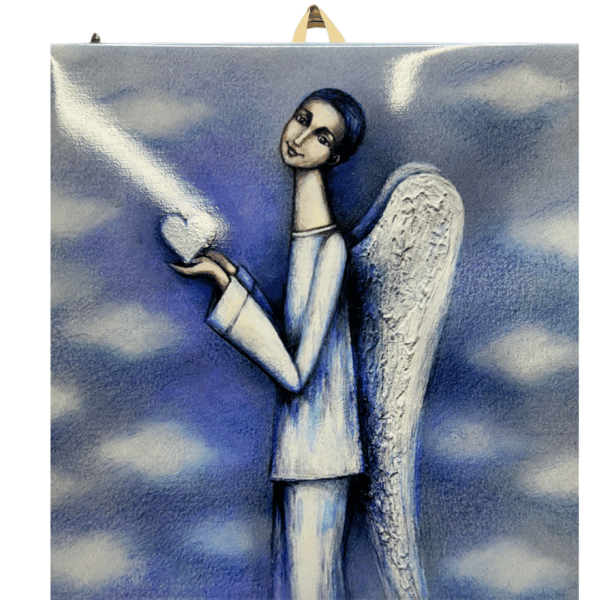 Ceramic tile with artwork of an angel in white and blue tones, holding a radiant heart against a cloudy sky background.