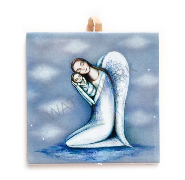Ceramic tile painting of an angel embracing a child against a blue cloudy background, with cork backing for safe wall hanging.