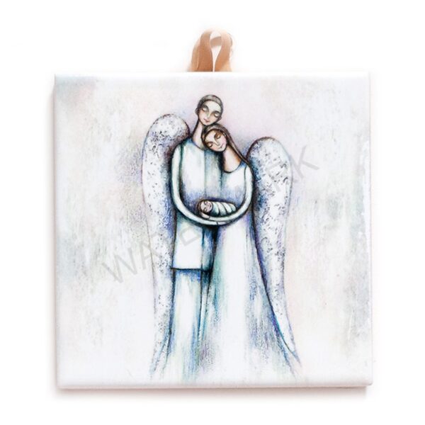 Ceramic tile painting of two angels embracing with a newborn child, in soft pastel tones, with cork backing for safe wall hanging.