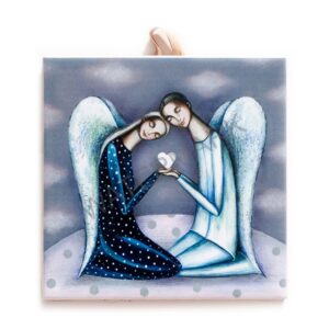 Ceramic tile featuring two stylized angels with wings, gently leaning their heads together while holding a white heart in their hands against a soft, cloudy background. Includes cork backing and a built-in hook for hanging.