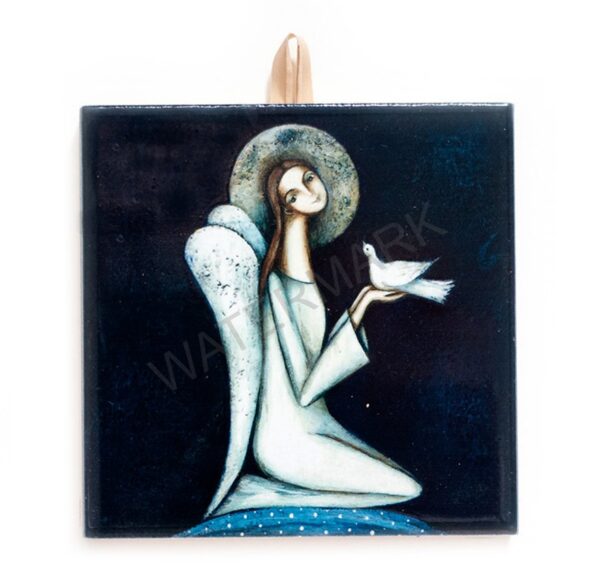 Ceramic tile artwork of an angel in white robes holding a dove, symbol of peace, on a dark background.