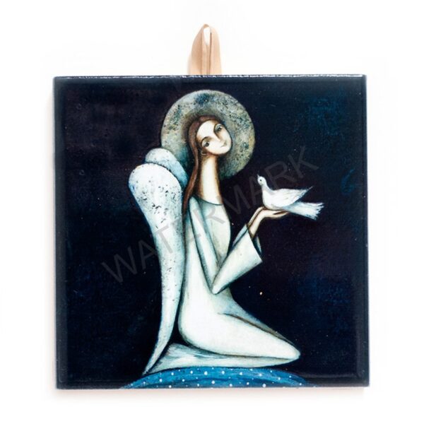 Ceramic tile artwork of an angel in white robes holding a dove, symbol of peace, on a dark background.
