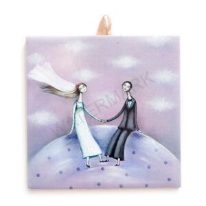 Ceramic tile artwork of a couple holding hands on a hill under a lavender sky with clouds.