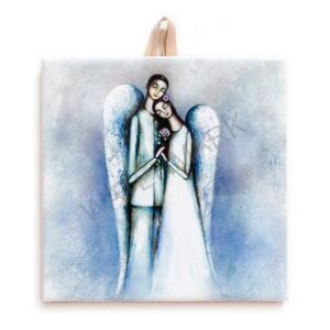 Ceramic tile painting of two angels embracing with a flower, in soft blue tones, with cork backing for safe wall hanging.