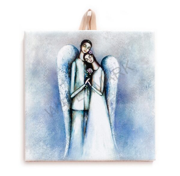 Ceramic tile painting of two angels embracing with a flower, in soft blue tones, with cork backing for safe wall hanging.
