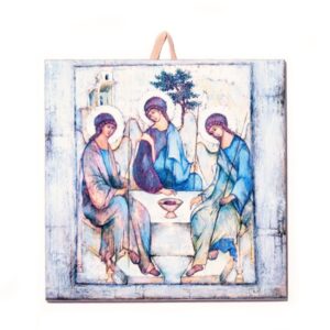 Ceramic tile depicting a religious icon of three angels seated around a table, inspired by traditional Christian iconography.