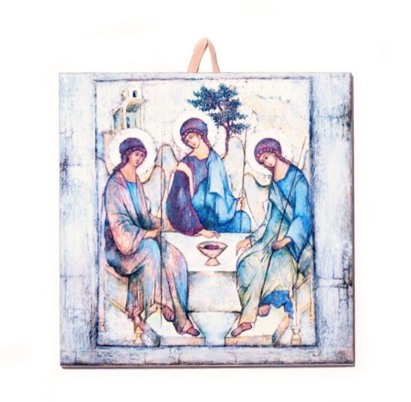 Ceramic tile depicting a religious icon of three angels seated around a table, inspired by traditional Christian iconography.