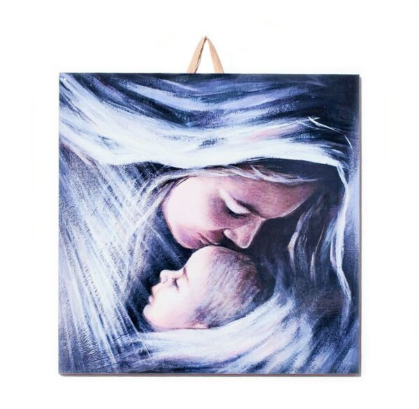 Ceramic tile with artwork of a mother tenderly kissing her baby’s forehead, both wrapped in soft flowing whites.