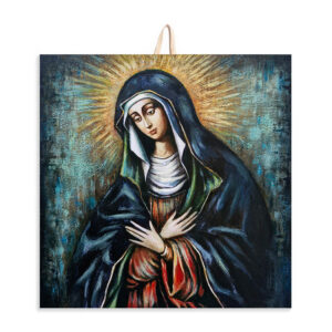 Hand-painted wooden icon of the Virgin Mary in prayerful sorrow, with hands crossed over her chest, golden halo, and deep blue mantle.