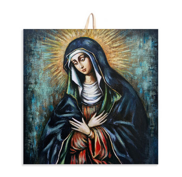 Hand-painted wooden icon of the Virgin Mary in prayerful sorrow, with hands crossed over her chest, golden halo, and deep blue mantle.