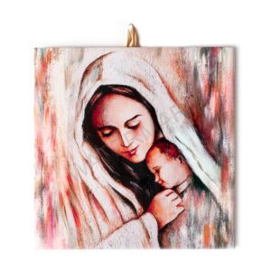 Hand-painted wooden icon of the Virgin Mary holding Baby Jesus, with soft warm tones and a peaceful, intimate expression.